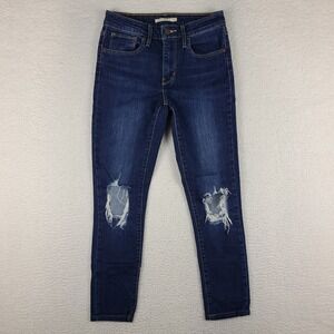Levi's 721 Jeans Womens 27 Blue High Rise Skinny Distress Dark Wash Denim HEMMED